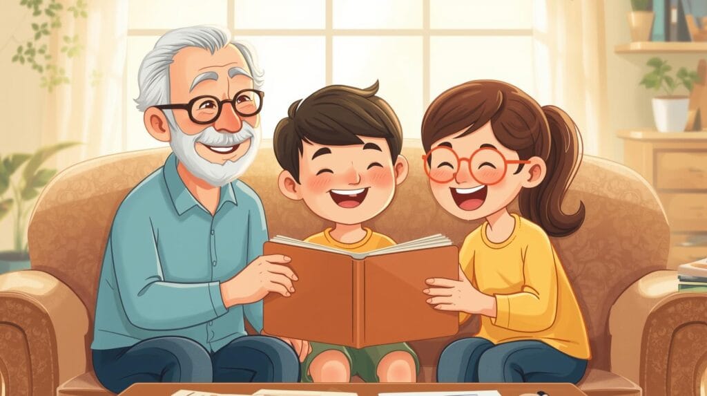 keluarga tiga generasi (kakek, ayah, cucu) duduk bersama, membuka map bertuliskan “akta hibah”, gaya ilustrasi ramah untuk edukasi masyarakat. ilustrasi cartoon Pajak hibah dan waris