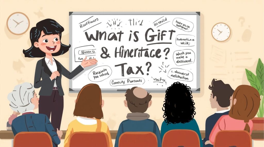 pajak hibah dan waris seorang mahasiswa hukum menjelaskan di papan tulis besar dengan tulisan “apa itu pajak hibah & waris, beberapa warga duduk menyimak serius. cartoon