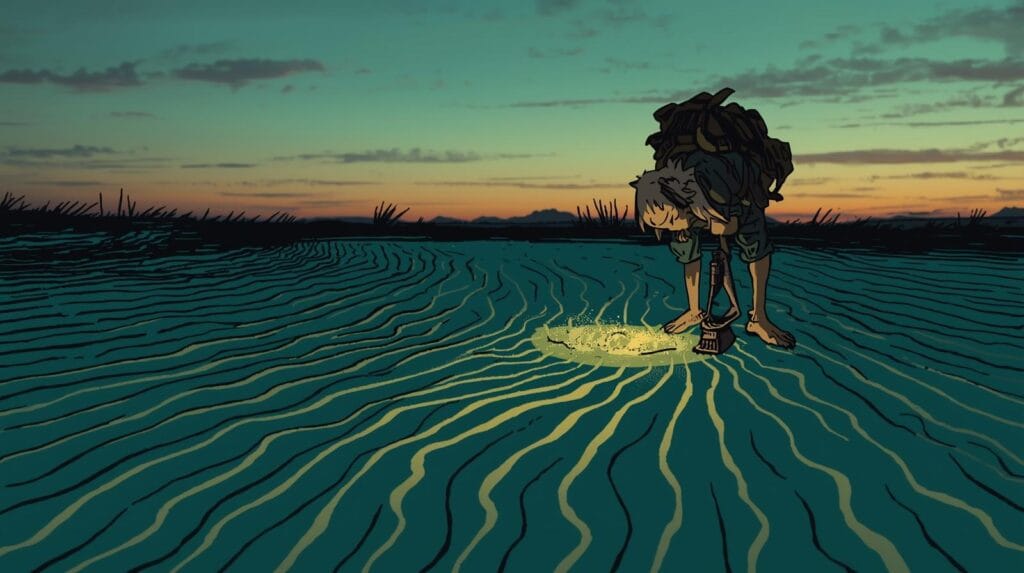 {erut bumi pengelana mendengar bisikan perut bumi kartun detail, close up tokoh menempelkan telinga ke tanah bertekstur pasir timah