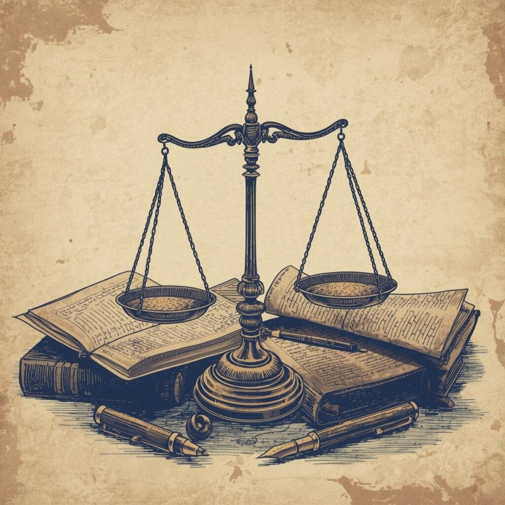 retro vintage illustration of balanced legal scales with old manuscripts and ink pen, classical academic atmosphere, beige textured background, navy highlights, law themed artwork