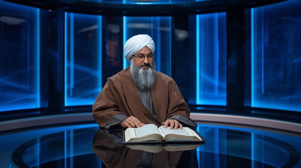 seorang ahli tafsir al qur’an internasional, berjenggot, memakai gamis dan sorban, duduk di studio televisi modern dengan al qur’an terbuka di atas meja kaca, dikelilingi pencahayaan biru elegan tentang hibah dan waris dalam islam