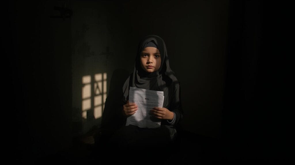 seorang anak duduk di sudut gelap sambil menggenggam dokumen wasiat. hibah dan waris dalam islam