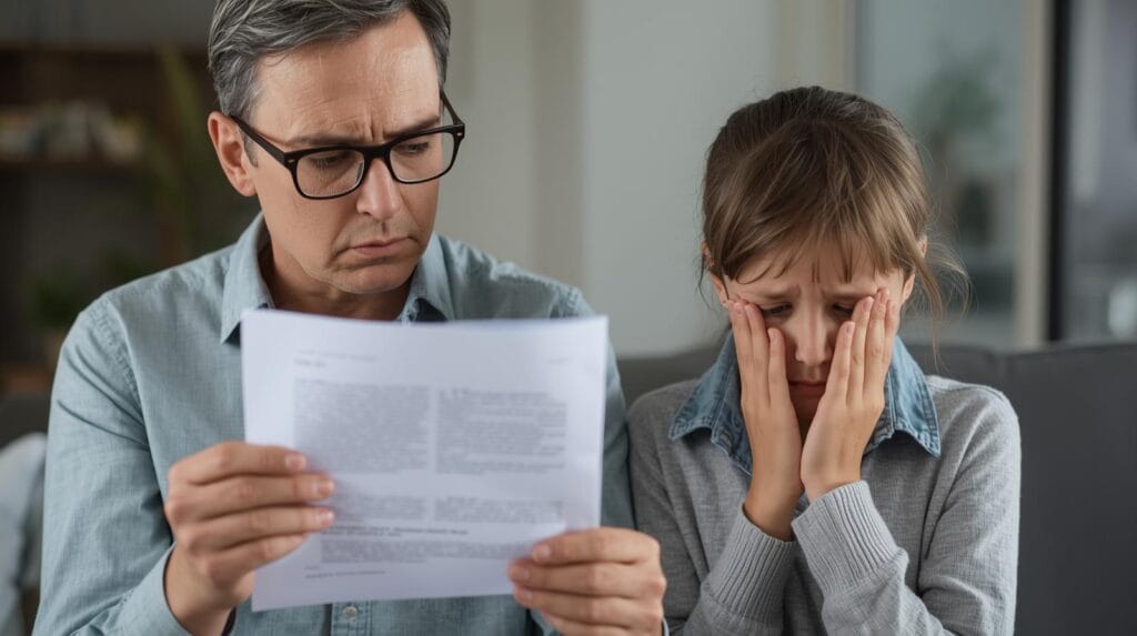 seorang ayah memegang dokumen hibah, adiknya tampak kecewa dengan ekspresi sedih, simbol ketegangan keluarga.