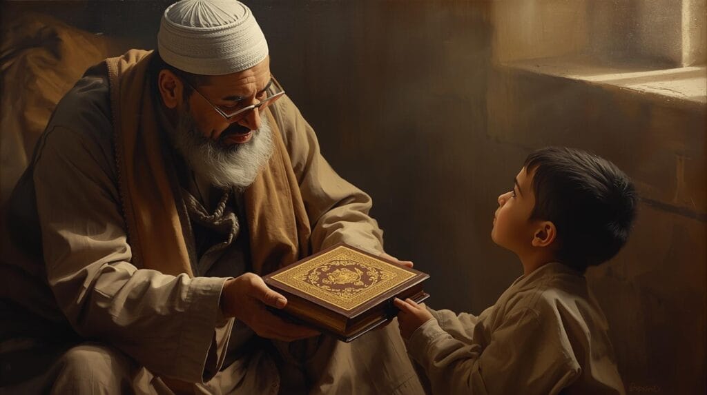 seorang ayah menyerahkan al qur’an ke anaknya sebagai simbol amanah warisan. islam musim