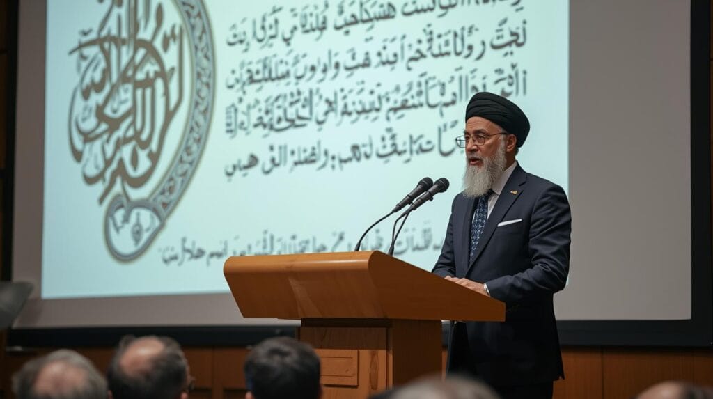 seorang cendekiawan muslim modern, mengenakan jas rapi dengan peci hitam, berbicara di podium seminar internasional, latar belakang layar presentasi bertuliskan ayat al qur’an dan diagram ilmu pengetahuan tentang hibah dan waris dalam islam