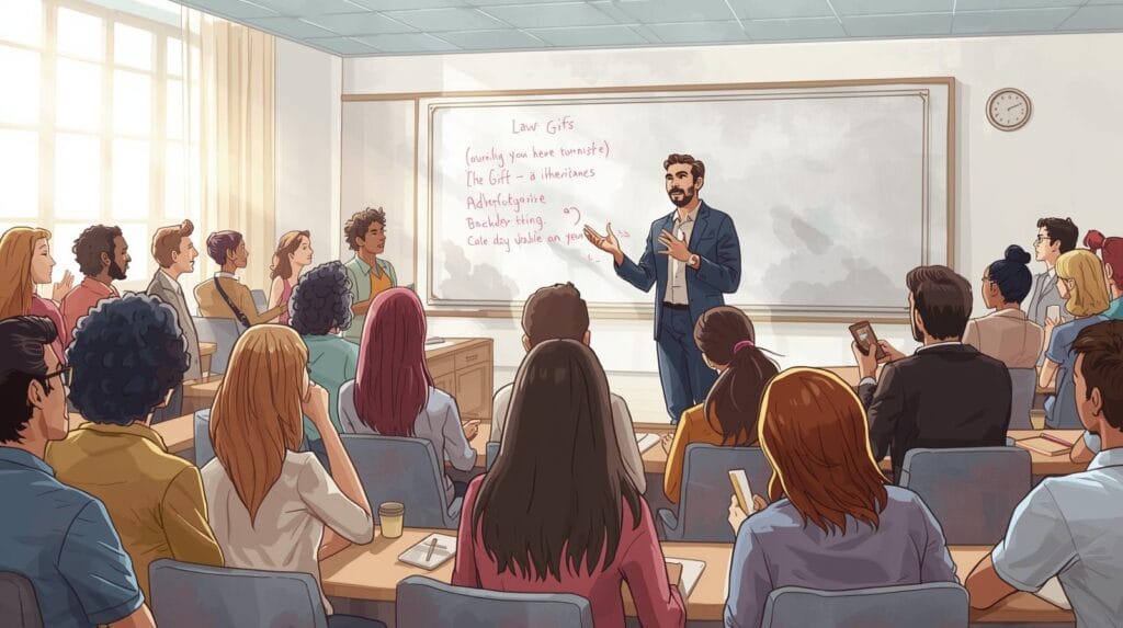 seorang dosen hukum menjelaskan perbedaan hibah dan warisan kepada audiens mahasiswa dan masyarakat umum di kelas terbuka. ilustrasi