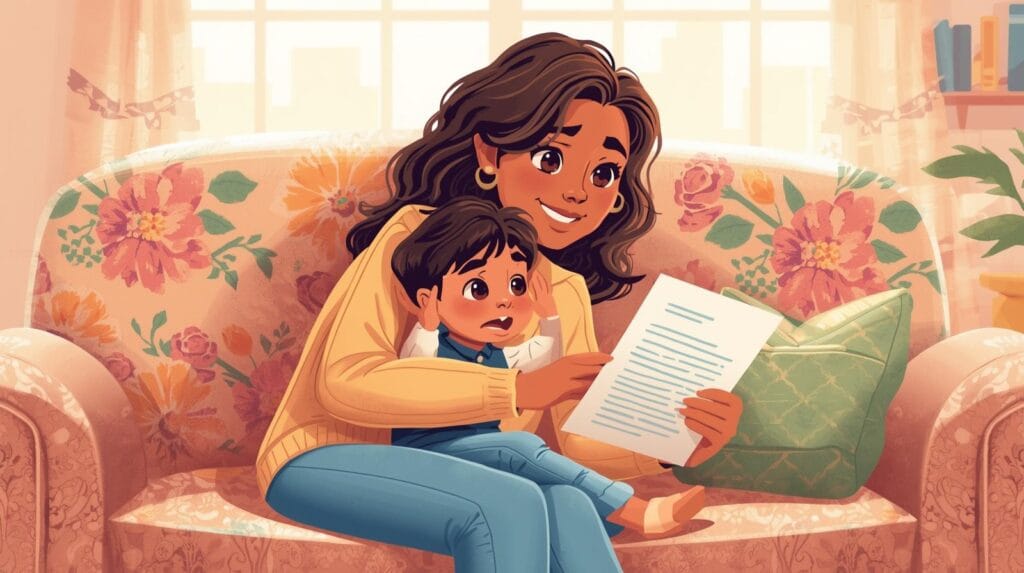 seorang ibu duduk di ruang tamu, memeluk anaknya sambil memegang dokumen hibah, ekspresi penuh kelegaan. ilustrasi cartoon pajak hibah dan waris