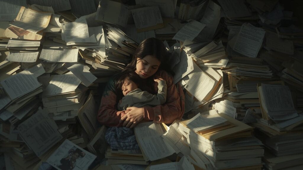 hibah dan waris dalam islam seorang ibu memeluk anaknya dengan wajah sedih di tengah tumpukan dokumen hibah. islam