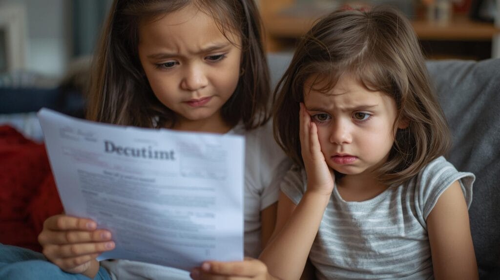 seorang kakak memegang dokumen hibah, adiknya tampak kecewa dengan ekspresi sedih, simbol ketegangan keluarga. (1)