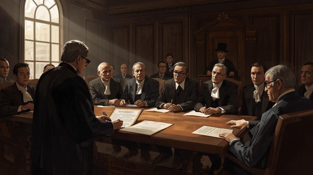 seorang notaris menjelaskan surat wasiat kepada beberapa ahli waris, sebagian terlihat bingung, suasana formal di ruang sidang.