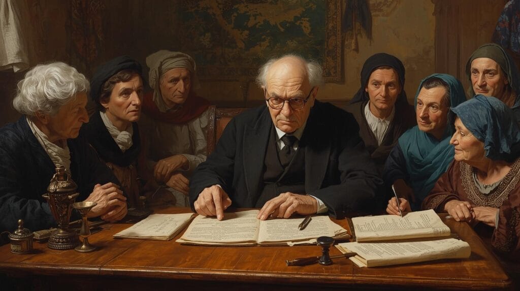 seorang notaris tua duduk dengan kacamata, menunjuk dokumen hibah dan warisan kepada keluarga desa. suasana tegas tapi bijak.