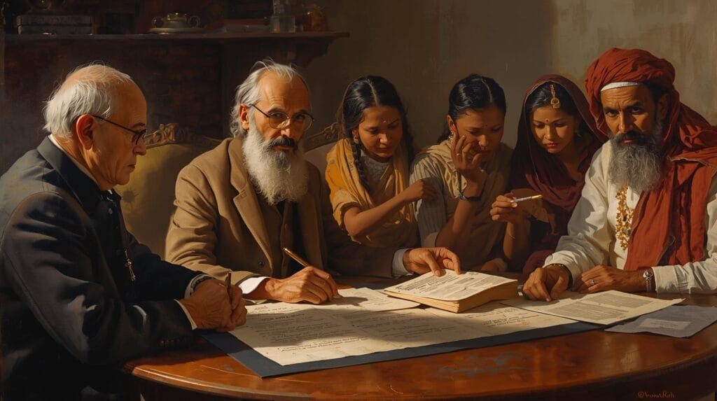 seorang notaris tua duduk dengan kacamata, menunjuk dokumen hibah dan warisan kepada keluarga desa. suasana tegas tapi bijak. (2)