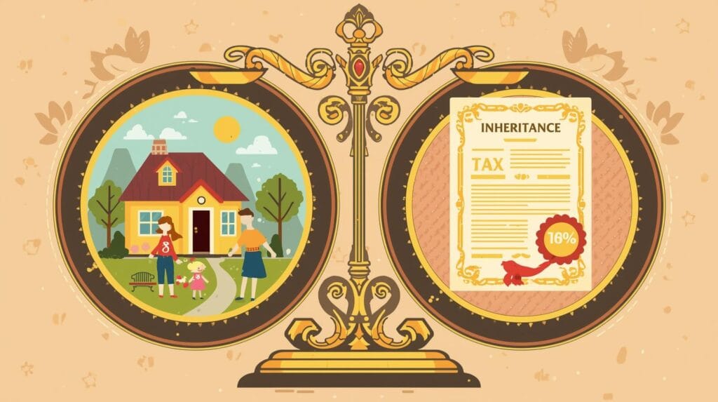 timbangan emas besar sisi kiri ada rumah dengan keluarga bahagia, sisi kanan ada sertifikat warisan dengan ikon uang pajak, gaya flat design.