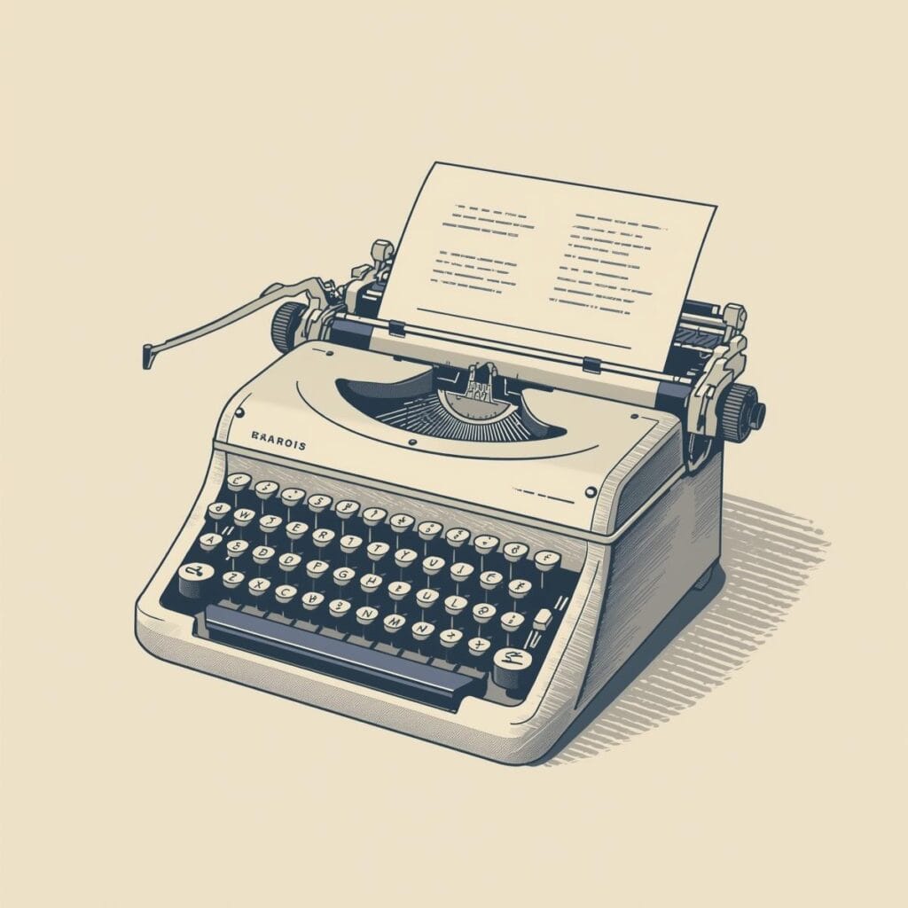 vintage style illustration of a retro typewriter turning into a digital screen, symbolizing education and technology, muted beige tones, navy accents, elegant academic vibe.