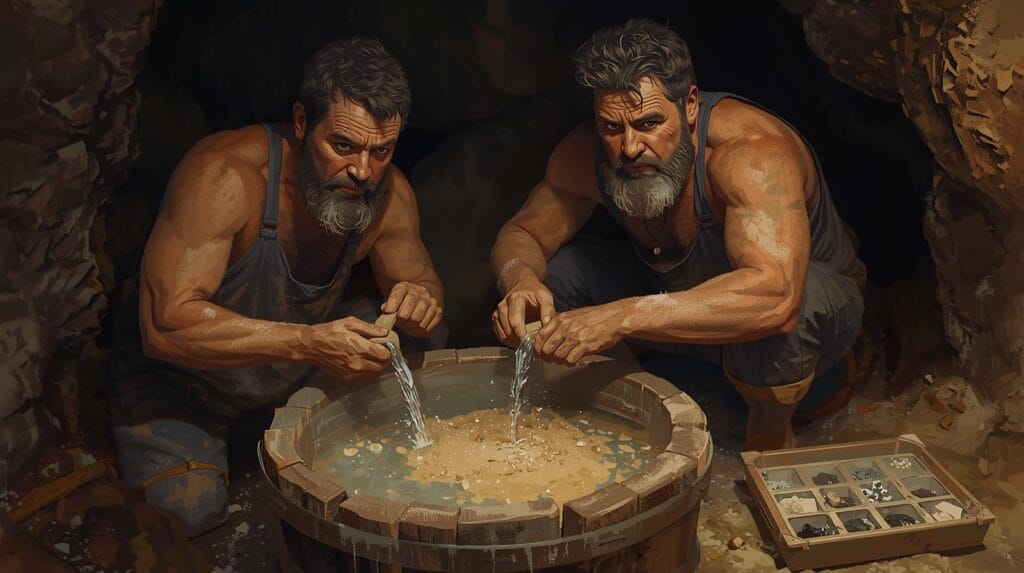 dua penambang mengaduk pasir mineral pada bak kayu beraliran air kecil, nampan sampel (1) perut bumi