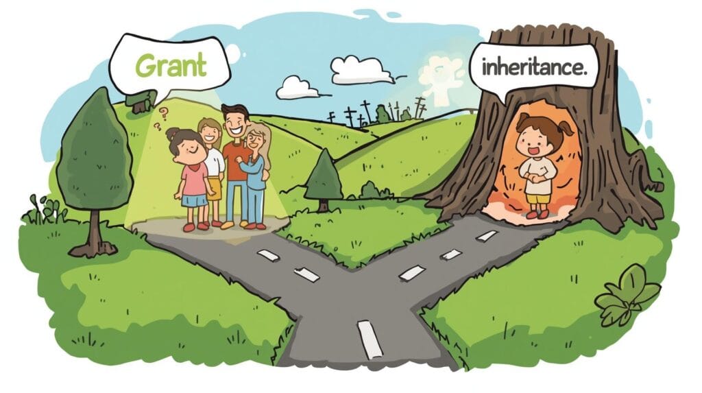 ilustrasi kartun dua jalan bercabang, kiri bertuliskan hibah dengan keluarga bahagia, kanan bertuliskan warisan dengan wajah orang bingung, nuansa edukatif.