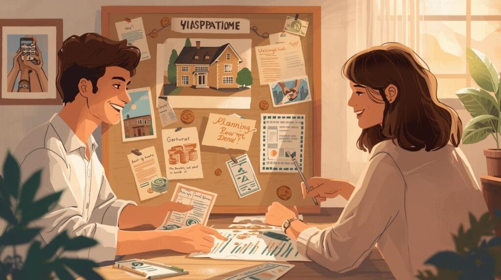 lustrasi pasangan muda merencanakan masa depan dengan papan vision board, ada gambar rumah, tabungan, dan dokumen hukum.