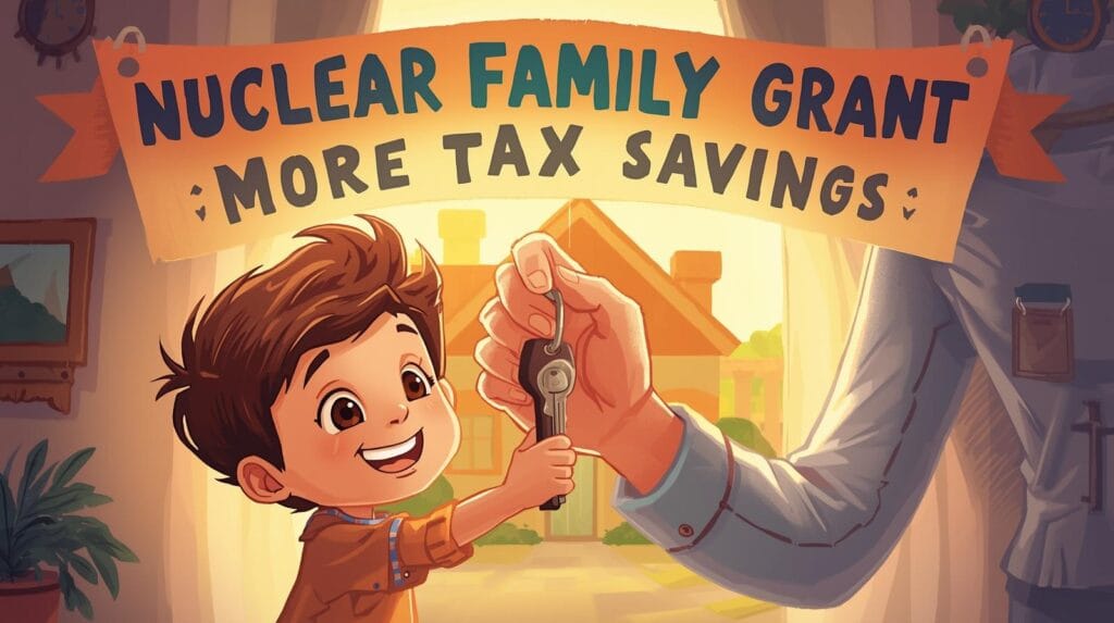 pajak hibah dan waris seorang anak menerima kunci rumah dari ayahnya, di belakang mereka ada banner bertuliskan hibah keluarga inti lebih hemat pajak cartoon