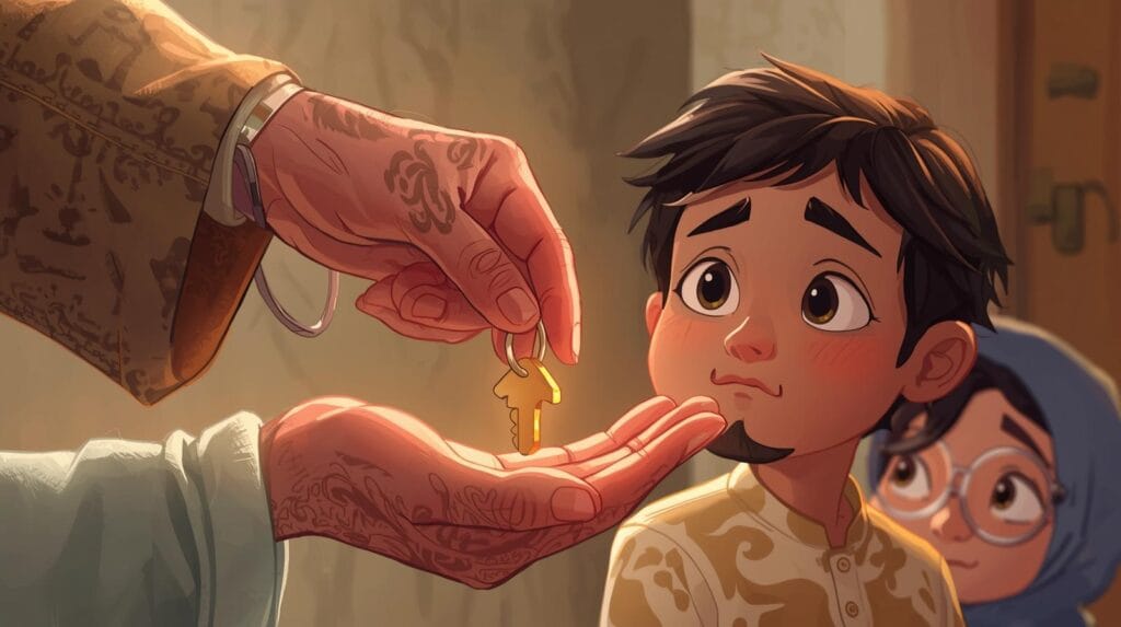 hibah dan waris dalam ilsam tangan tua menyerahkan kunci rumah ke anak sulung, sementara adik adiknya menatap kecewa. 