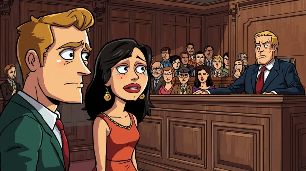 cartoon suasana ruang sidang banyak saksi suami istri menangis hakim tegas
sertifikat atas nama istri